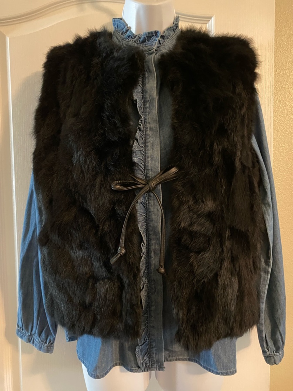 Women's Black Fur Tie-Front Vest
